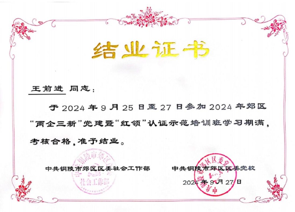 王前进同志参加“两企三新”党建暨“红领”认证示范培训满